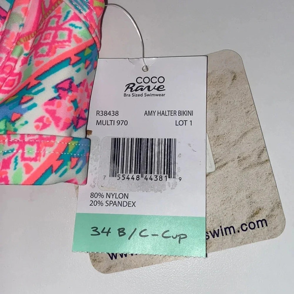 NWT Coco Rave 34B/C halter push-up bikini top bright ruched pink orange - Picture 10 of 13